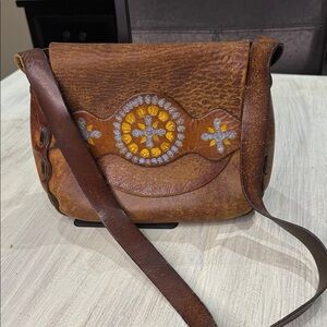 Vintage Handwoven Hand Painted Brown Leather Shoulder Bag- Unique